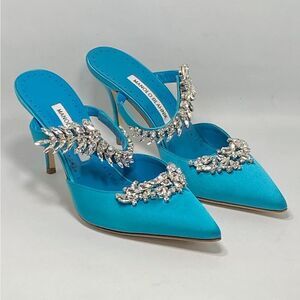 Manolo Blahnik Lurum 90 Embellished Satin Mules size 39.5